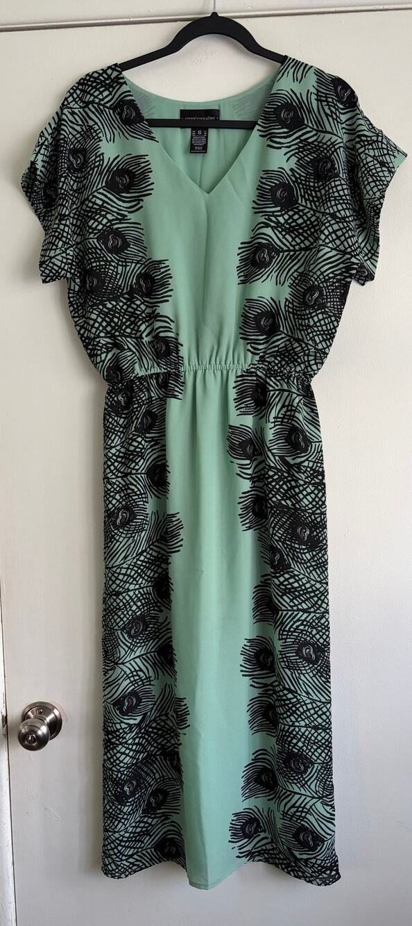 Anthropologie Corey Lynn Calter Peacock Feather Maxi Dress Mint Green Black S